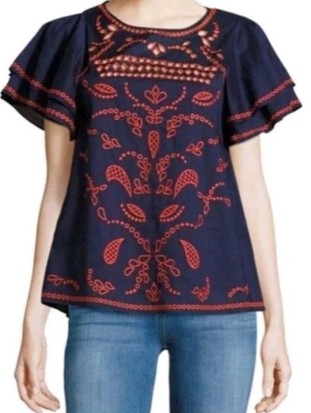Parker Mara Embroidered Flutter Short Sleeve Top Size S